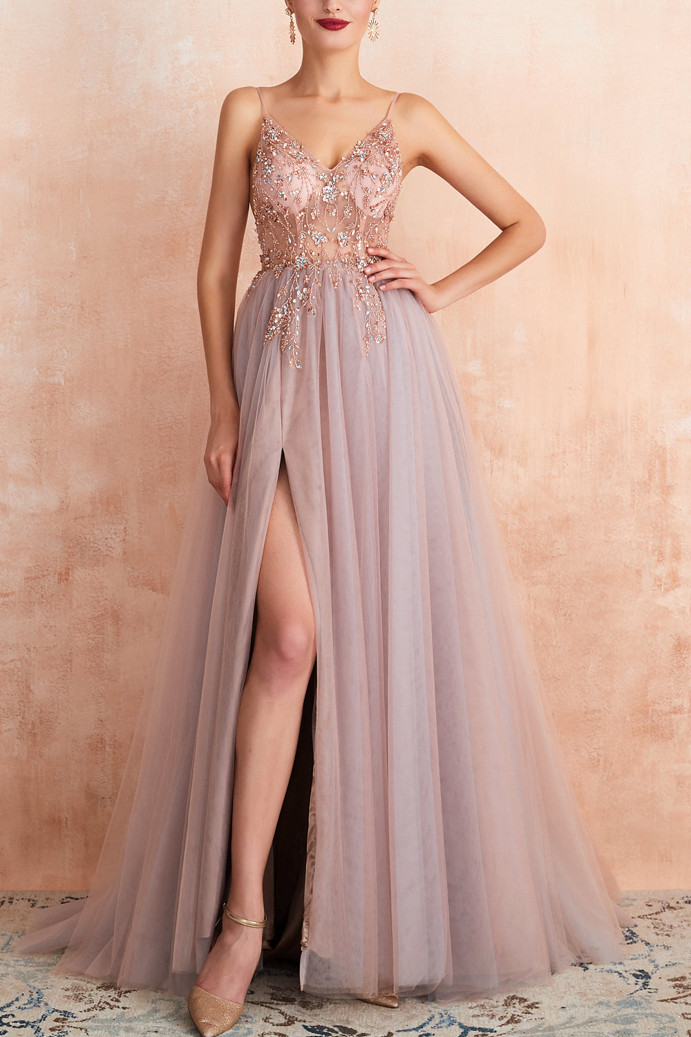 A Line Grey Pink V-neck Tulle Prom Dress with Slit