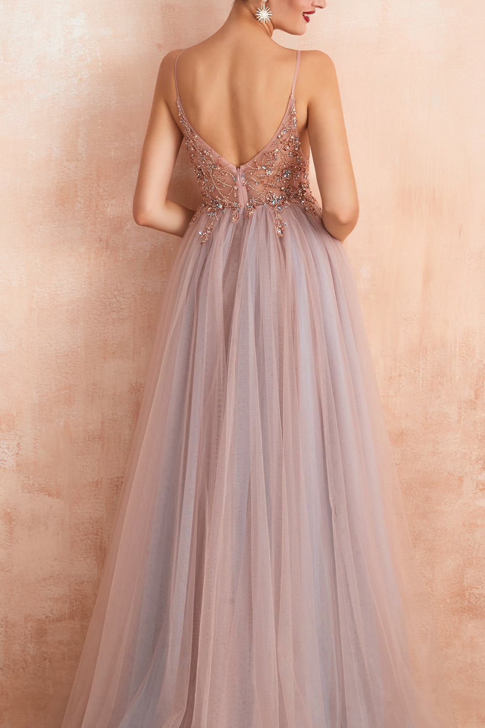 A Line Grey Pink V-neck Tulle Prom Dress with Slit