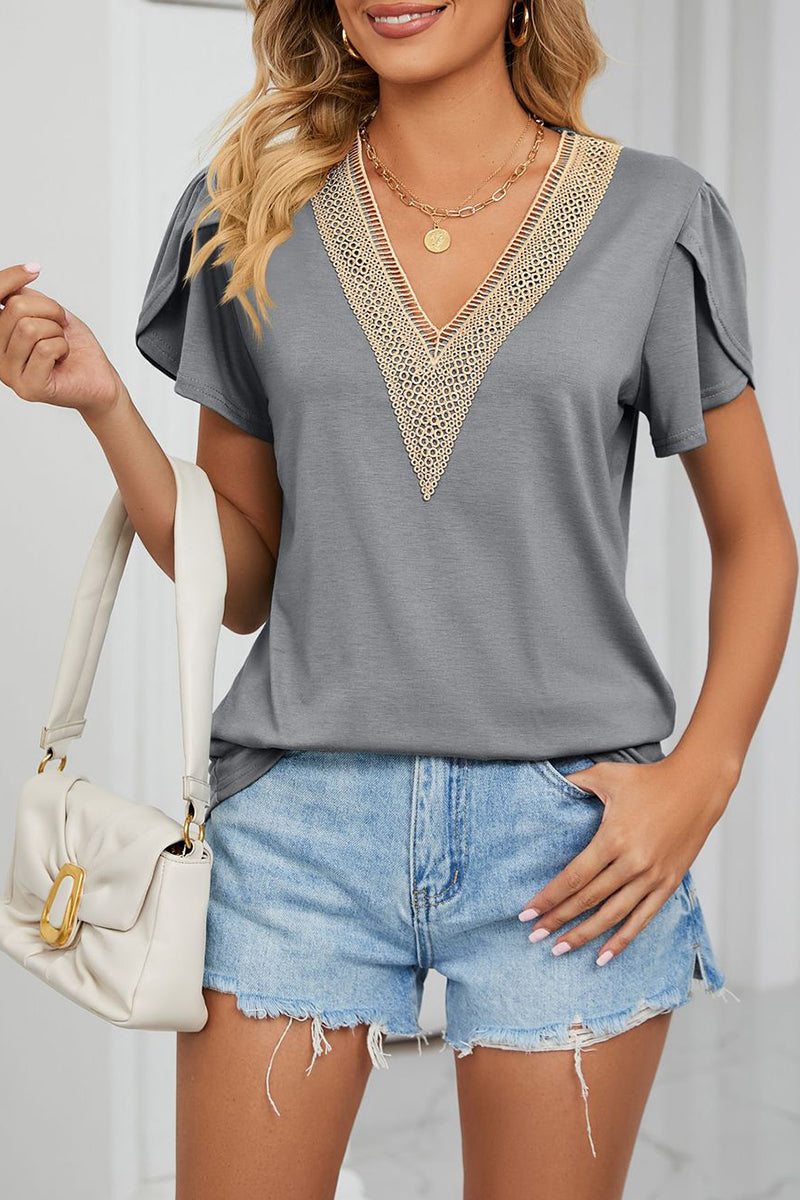 Gold Lace V-neck Short Sleeves