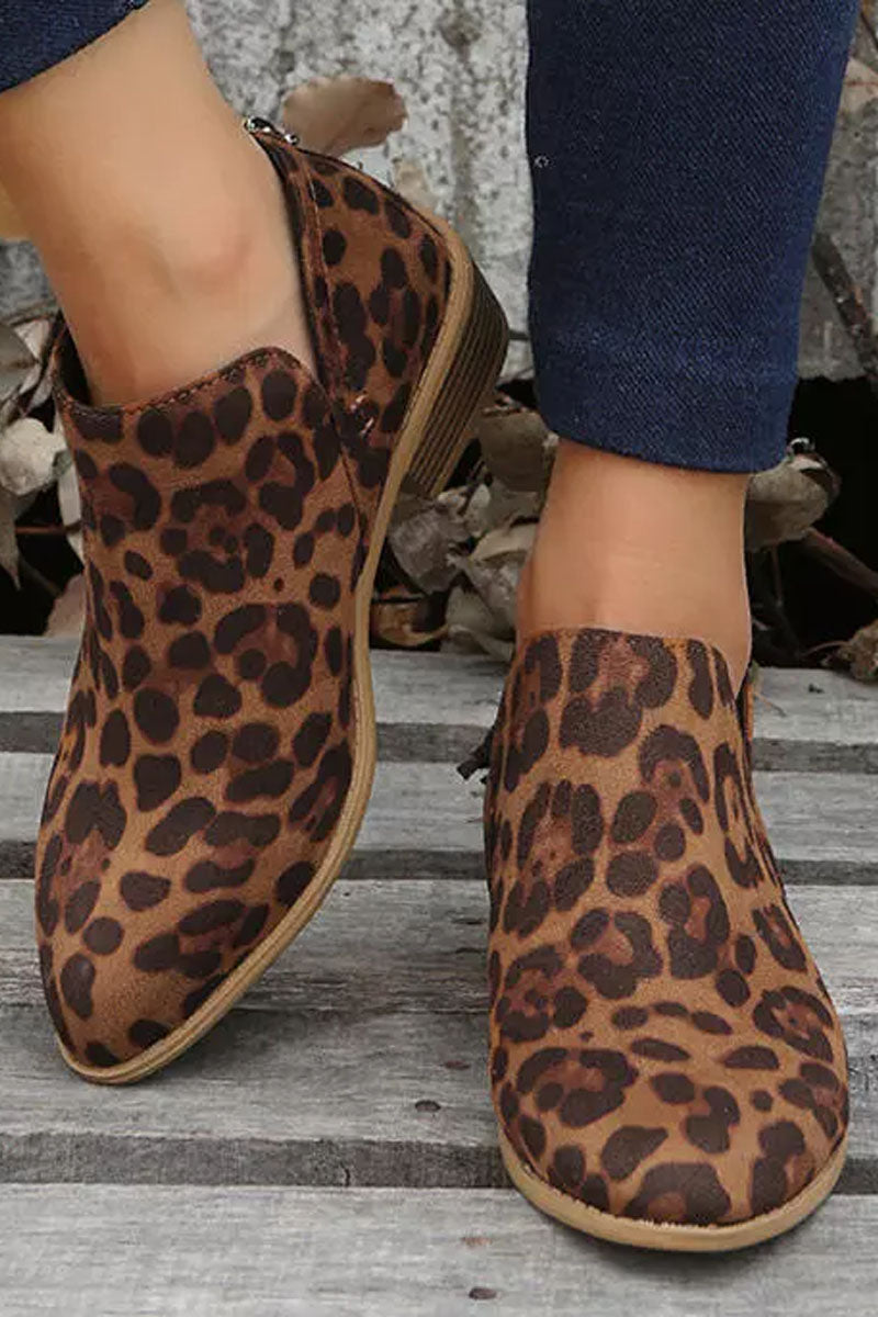 Leopard Zipper Western Chunky Ankle Boots