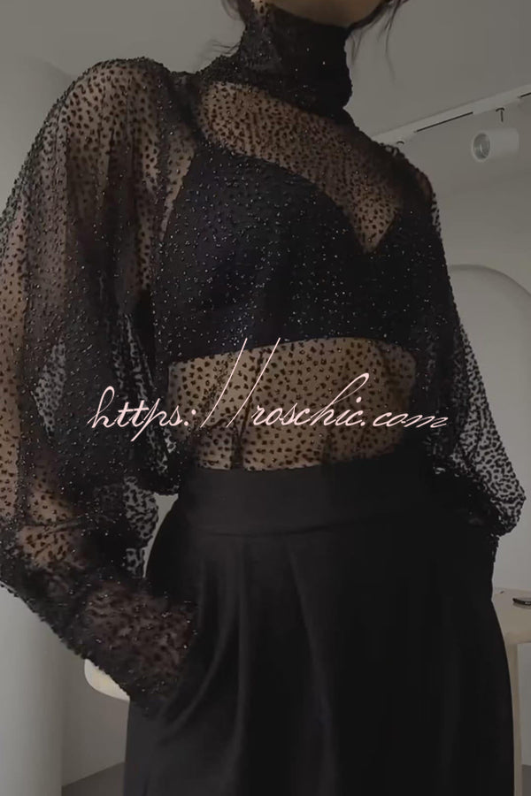 Wear Tool Glitter Decoration Mesh High Neck Lantern Sleeve Blouse