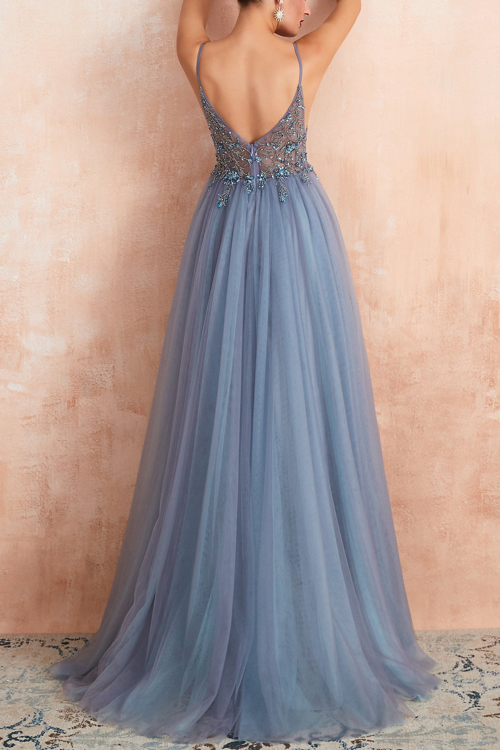 Blue A Line Spaghetti Straps Slit Tulle Prom Dress with Slit