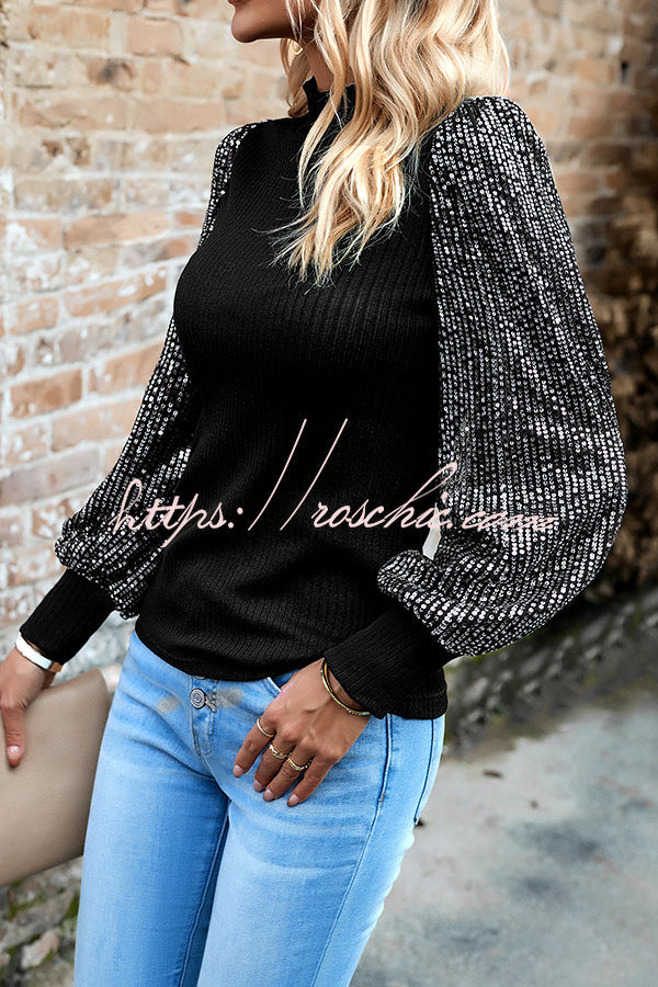 Sequined Paneled Knitted Long Sleeved Shirts