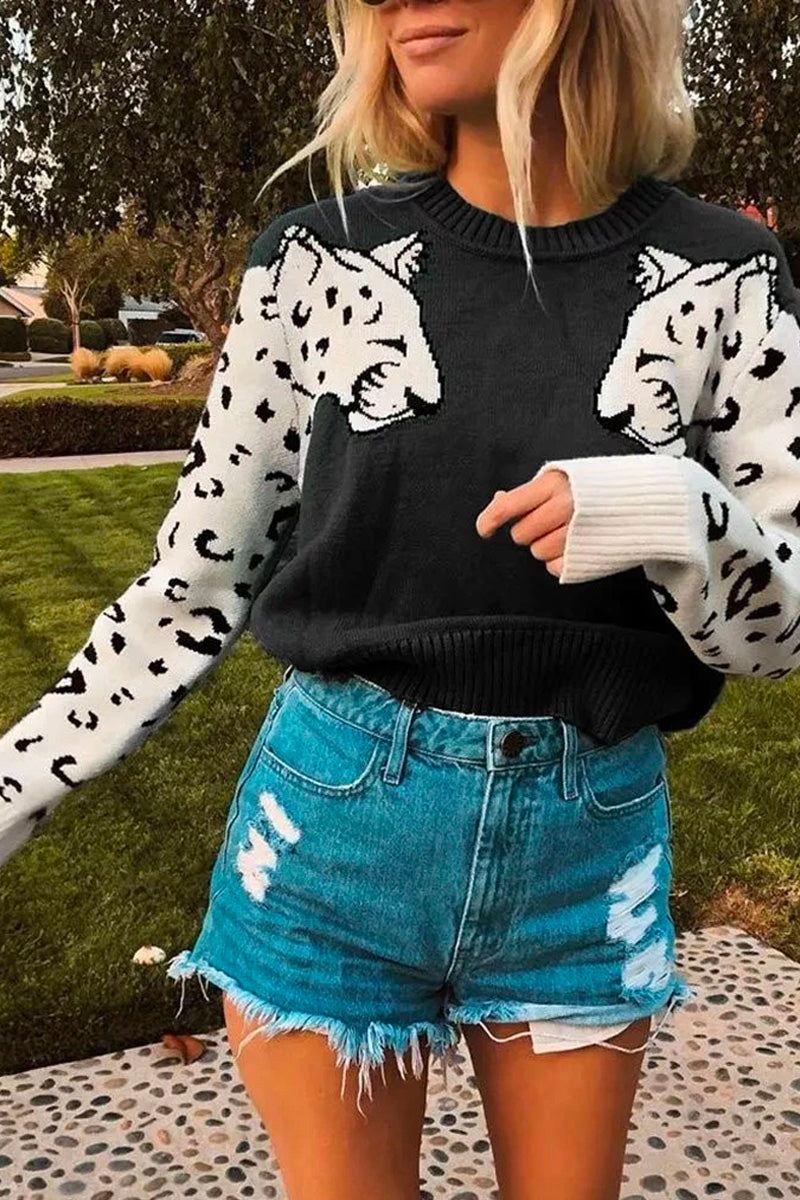 Snow Leopard Patchwork Black Sweater