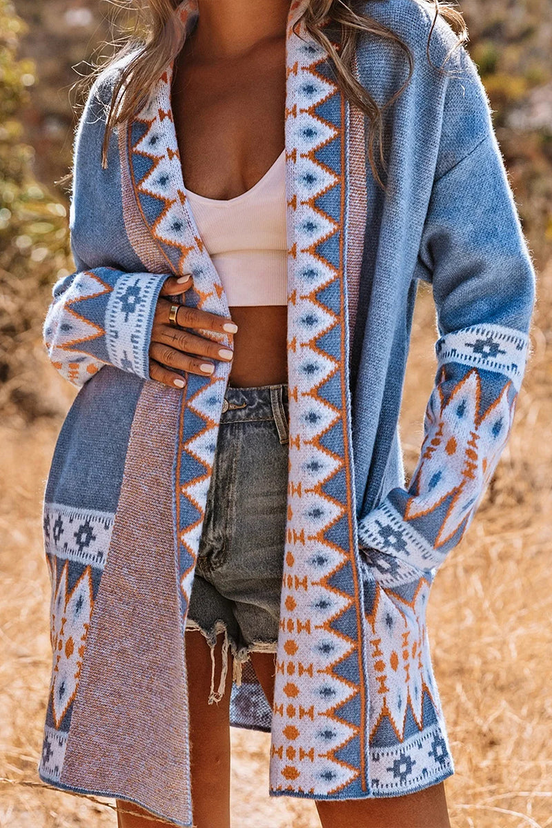 Blue Aztec Print Open Front Knitted Cardigan