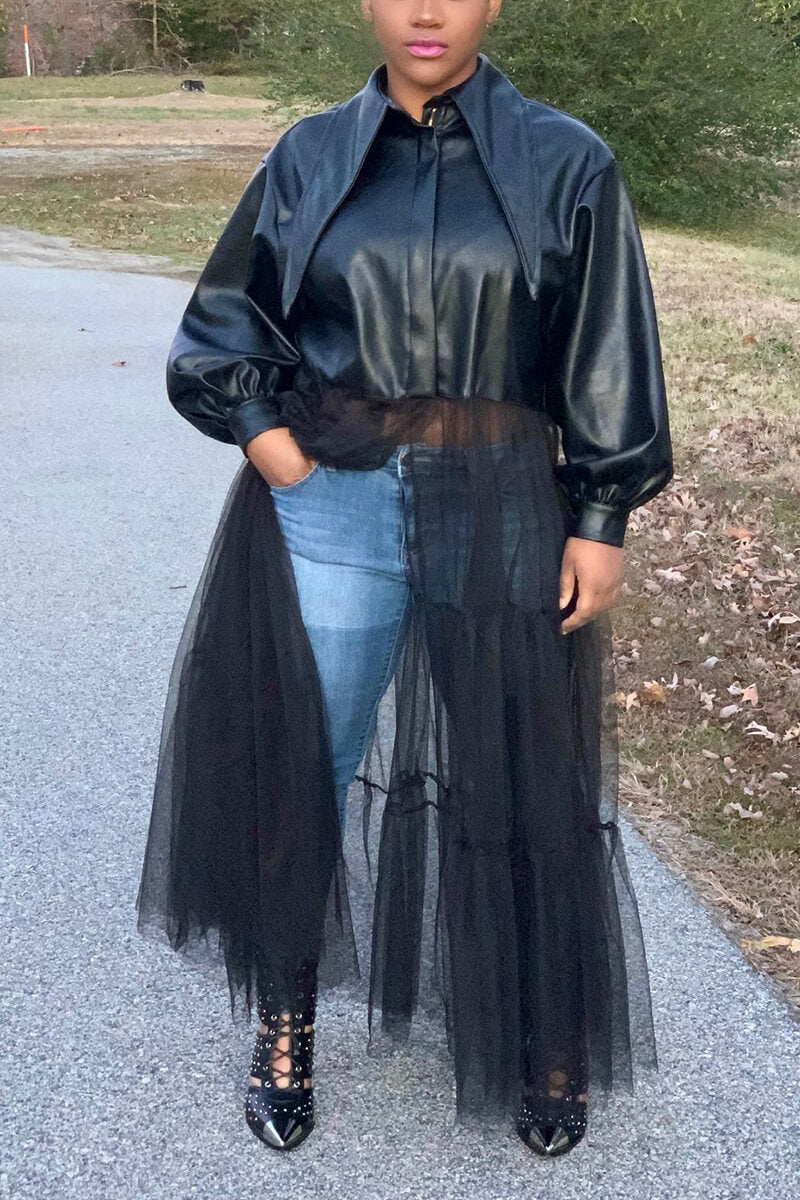 Plus Size Vegan Leather Tulle Long Sleeve Midi Dress