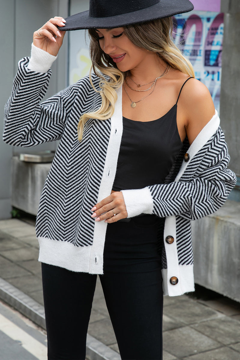 Zigzag Colorblock Button Cardigan Sweater