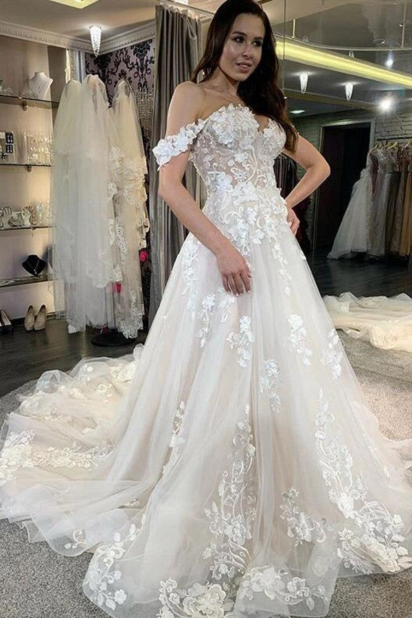 A-Line Deep V-neck Backless Bridal Gown Long Sleeves Pearl With Lace Appliques