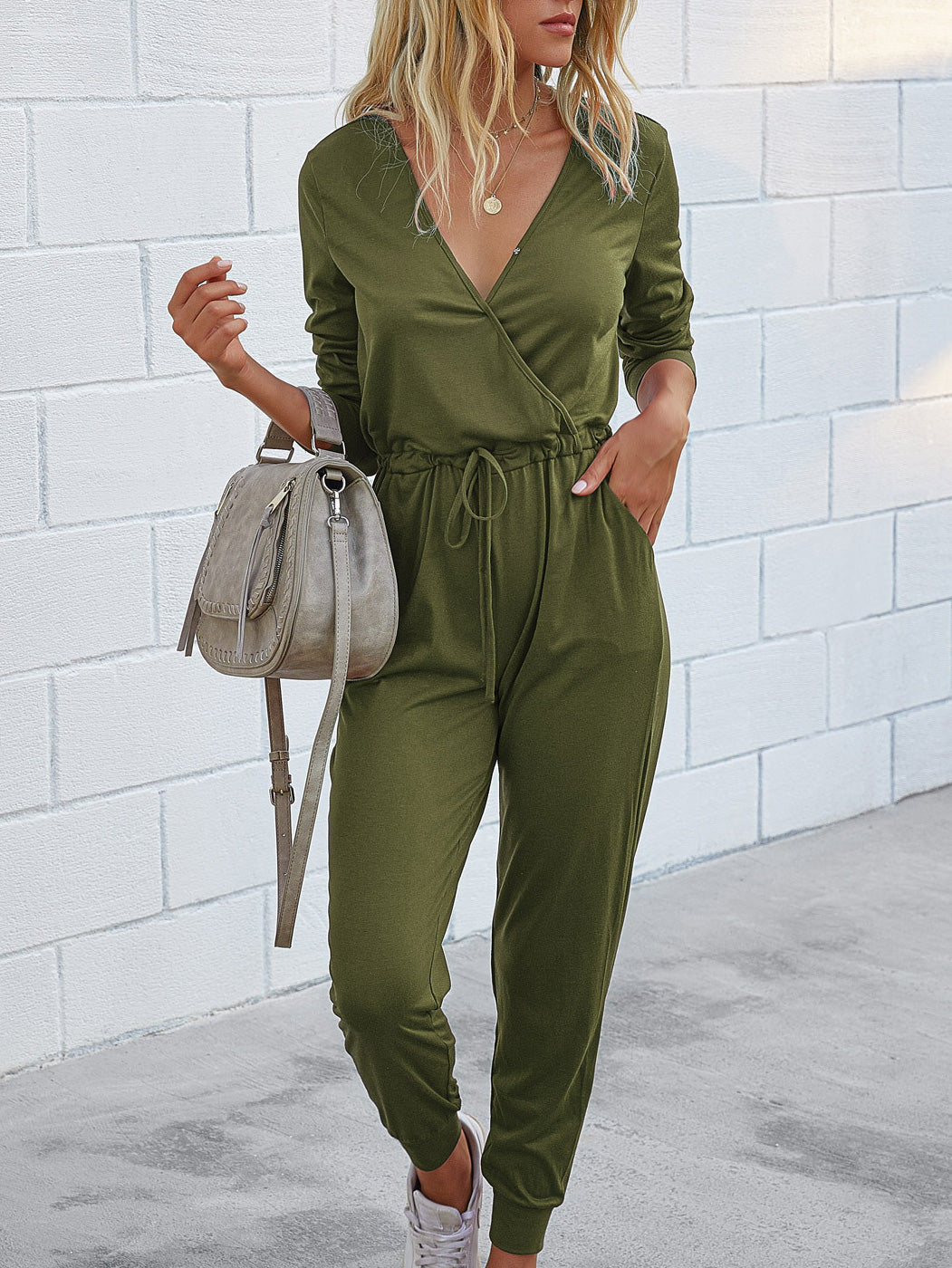 Deep V-Neck Long Sleeve Slim Fit Jumpsuit - Fashionpara