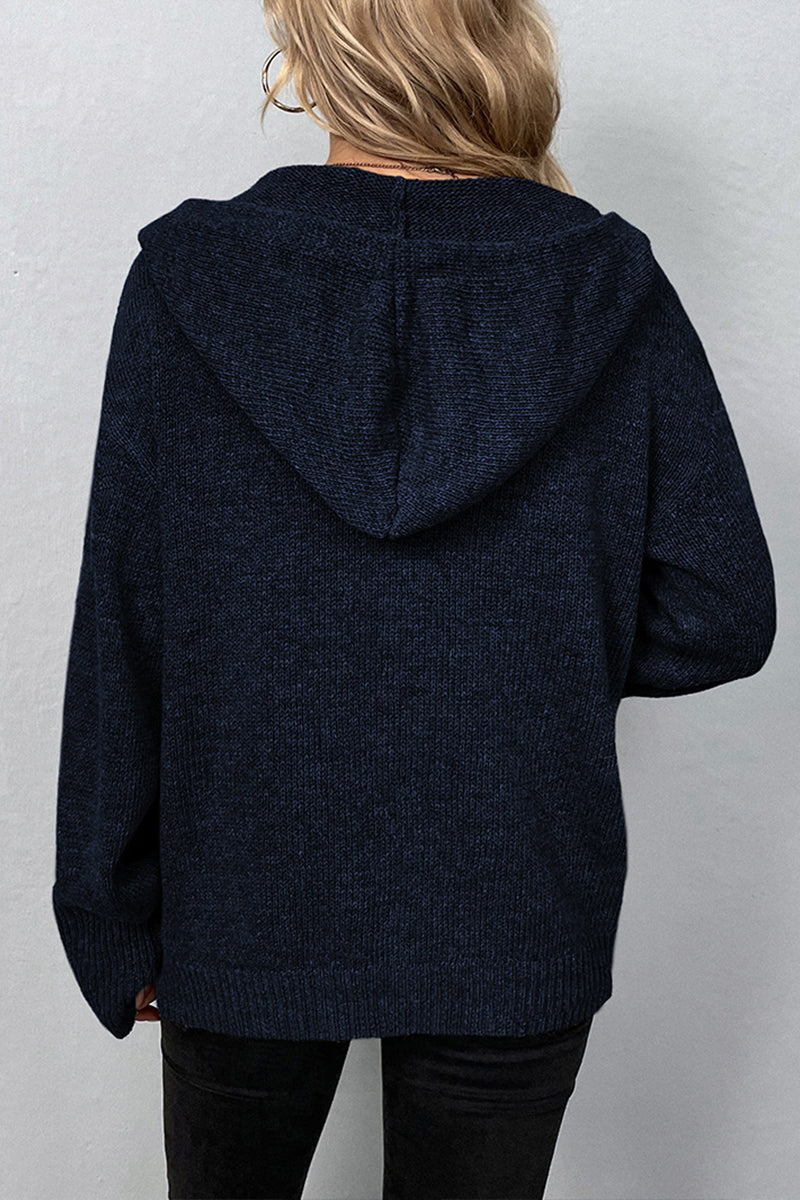 Hooded Single-breasted Drawstring Knit Cardigan Sweater