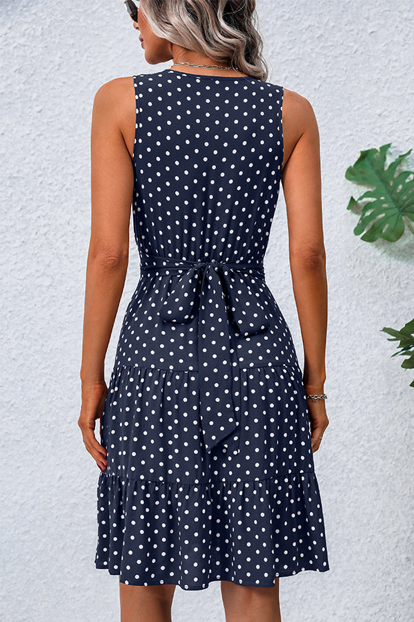 Dots Print V Neck Sleeveless Tie Waist Dress