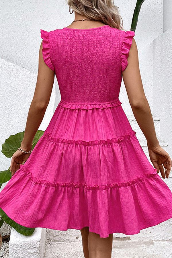 Solid Smocked V Neck Frill Casual Dress