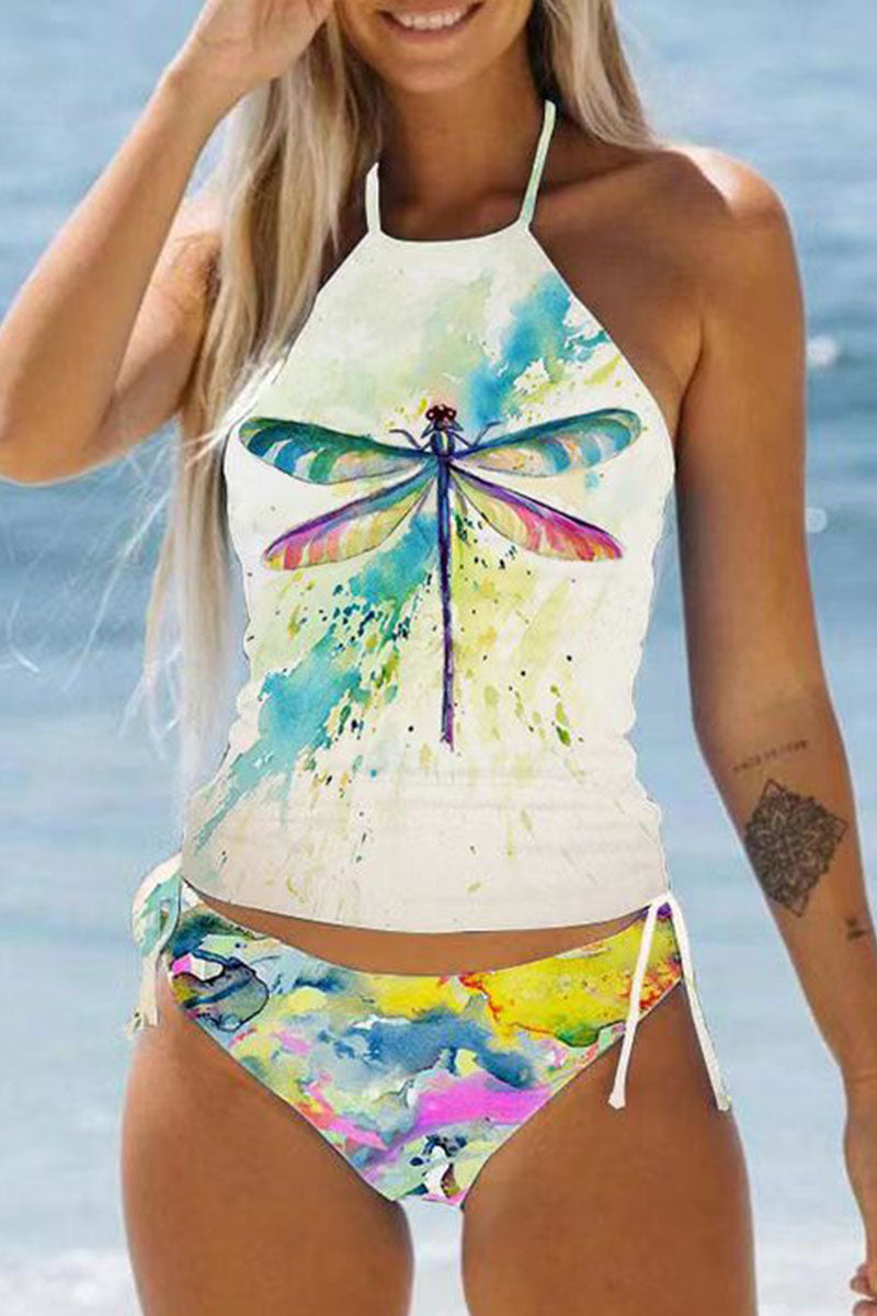 Simple resort style colorful dragonfly halterneck two-piece swimsuit