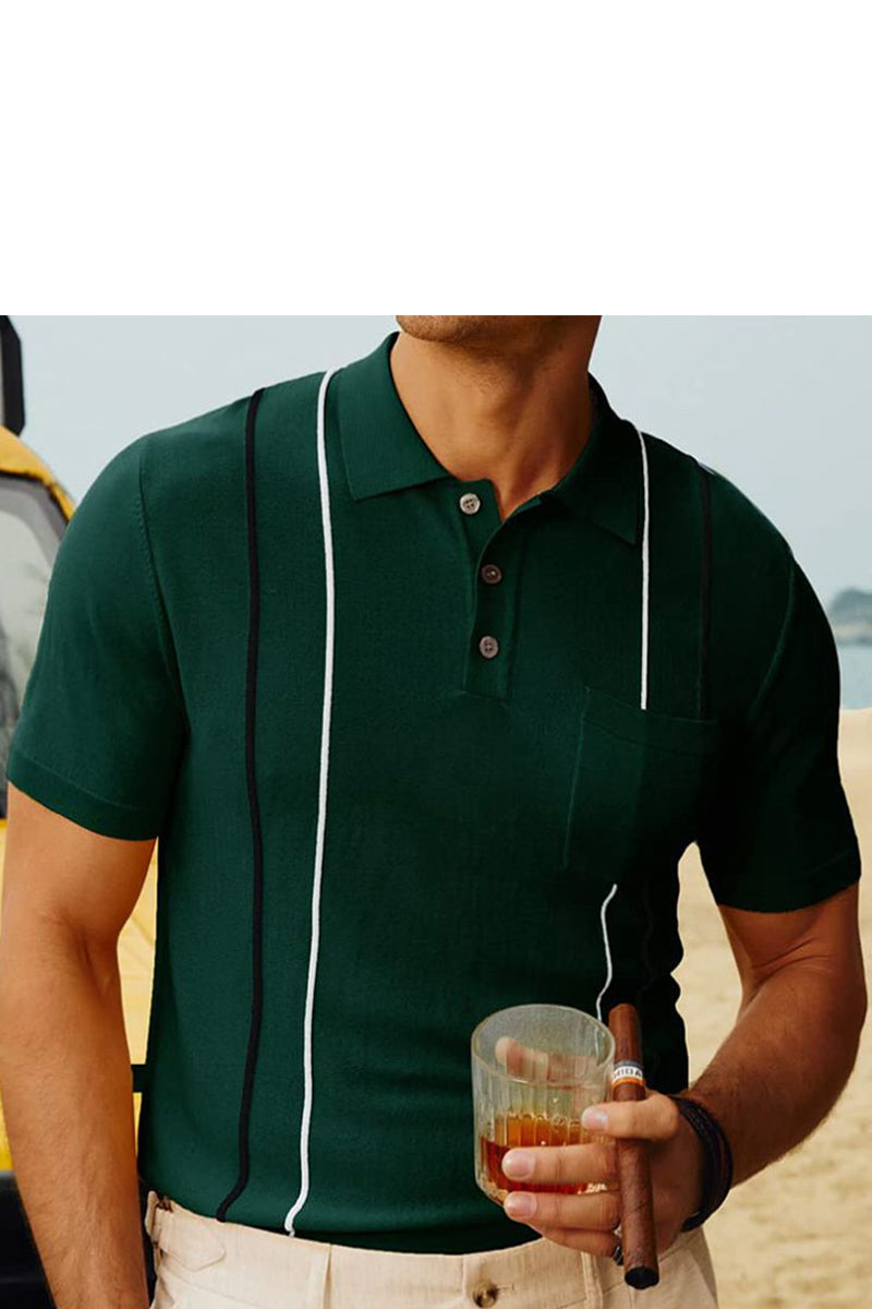 Men's Summer Striped Pocket Knit Short Sleeve Polo Shirt