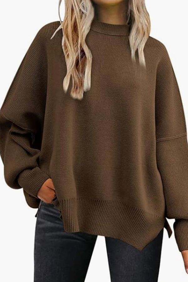 Distressed Knit Side Slit Long Sleeve Pullover Sweater