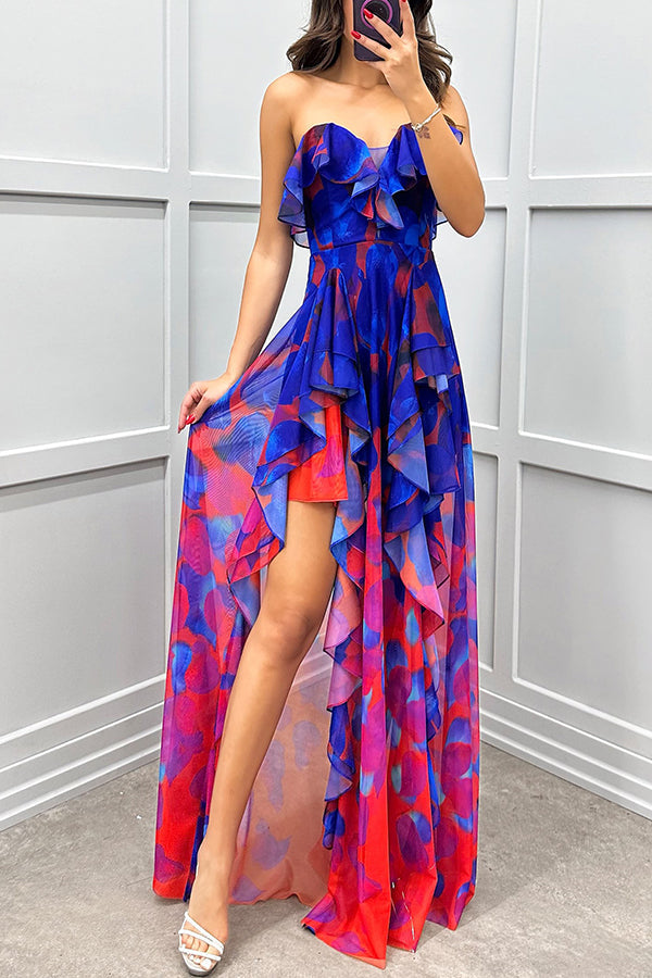 Loving Moment Gradient Unique Print Flowing Layered Ruffles Strapless Slit Maxi Dress - Fashionpara