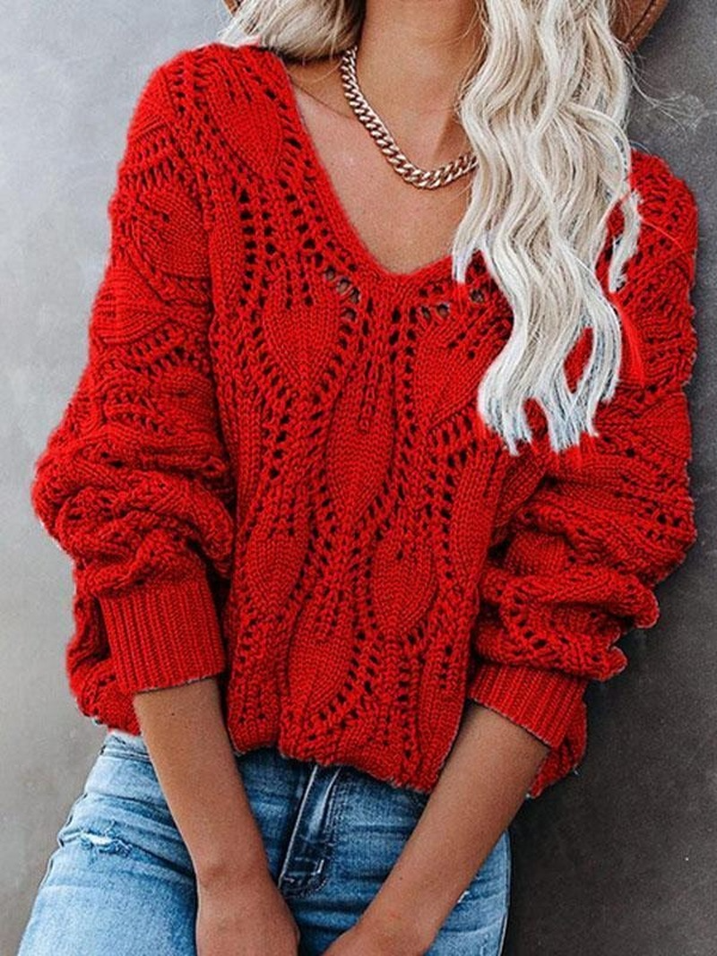 Hollow Out V-Neck Crochet Chunky Knit Sweater