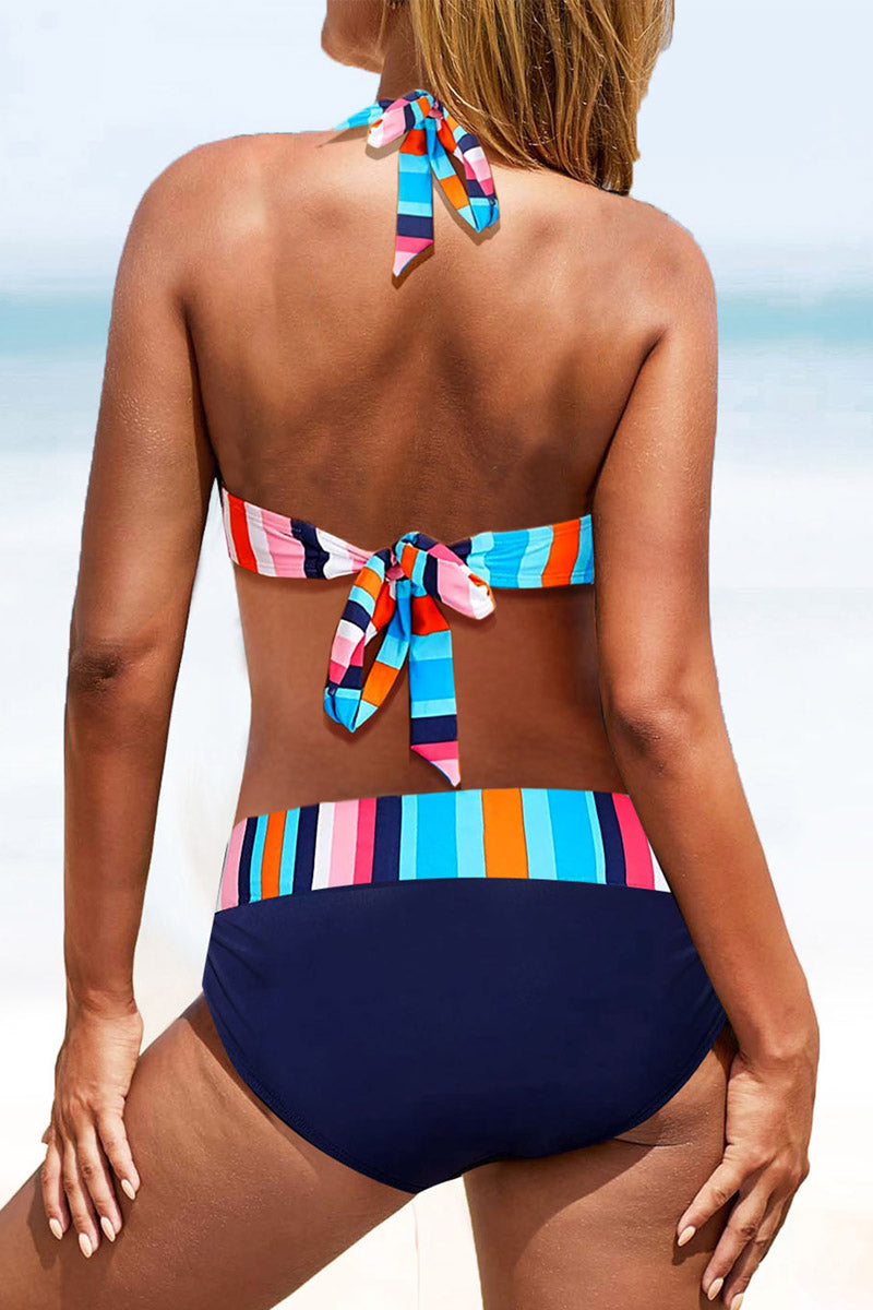 Striped V Neck Halter lace-up Swimsuit