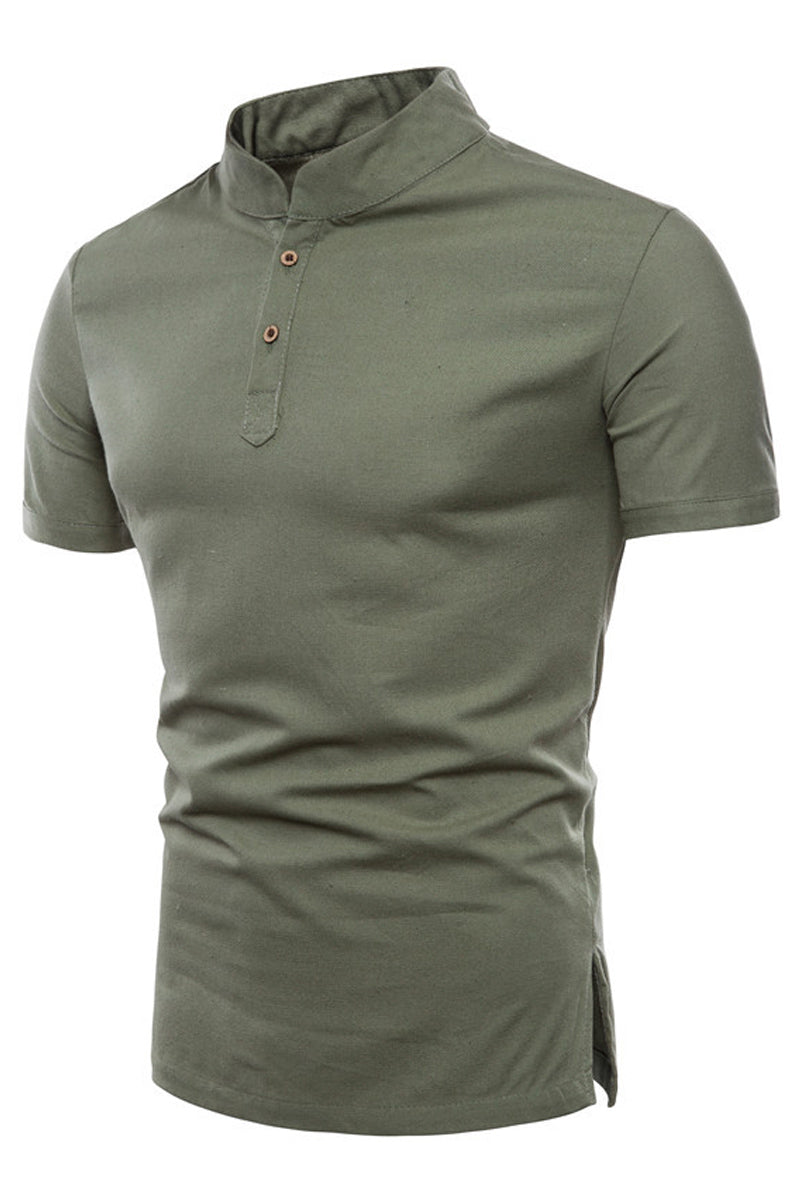 Men's Stand Collar Short Sleeve Cotton Linen Shirt