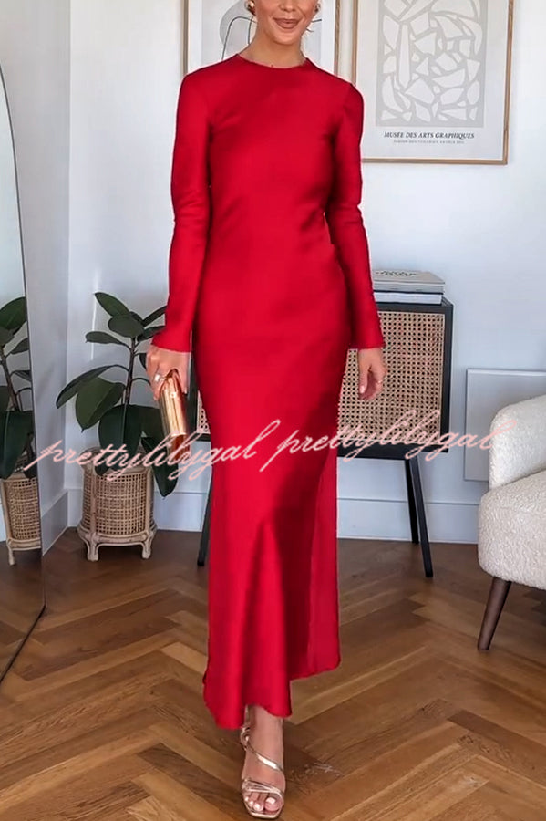 Winter Wedding Satin Back Tie-up Long Sleeve H-line Maxi Dress