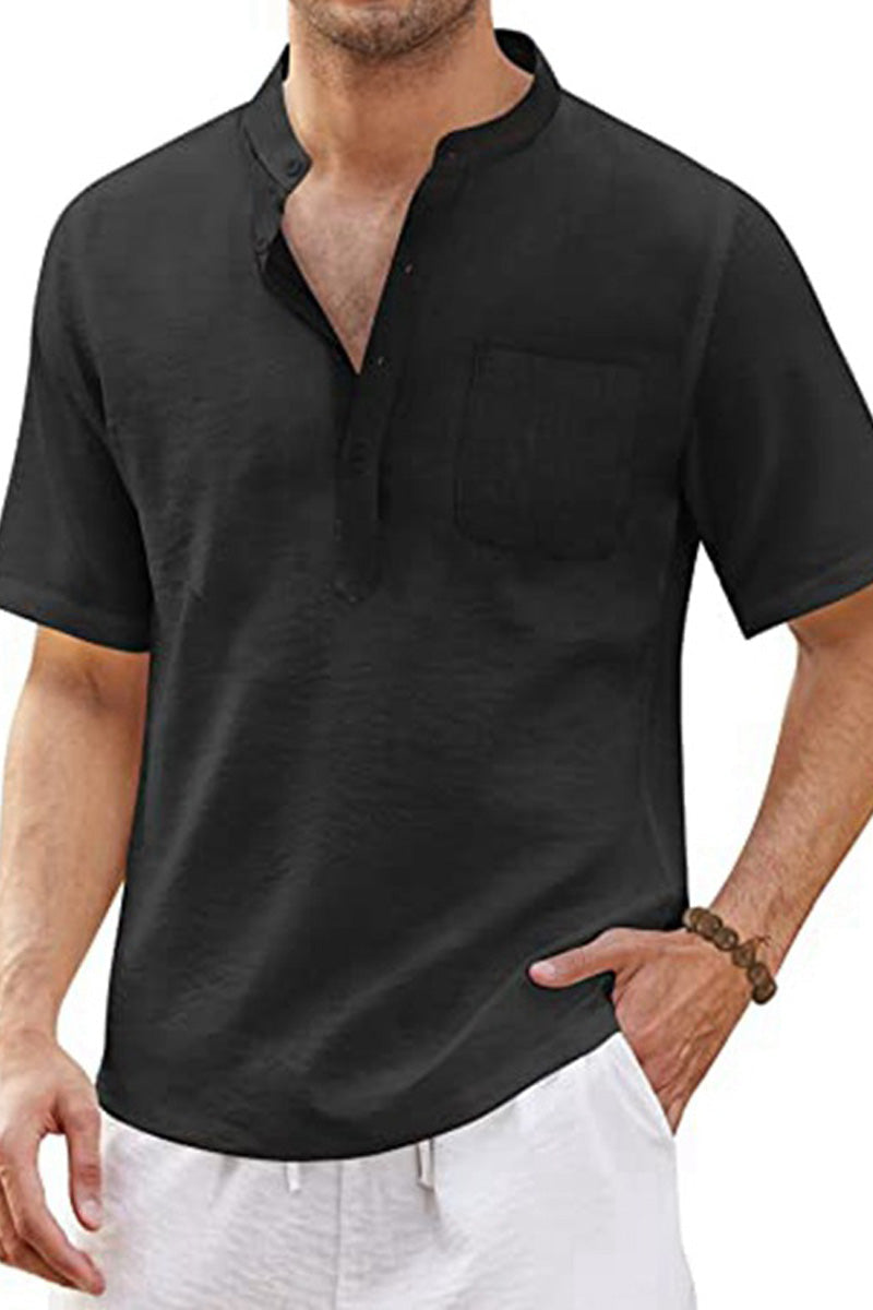 Solid Colour Short Sleeve Cotton Linen Shirt