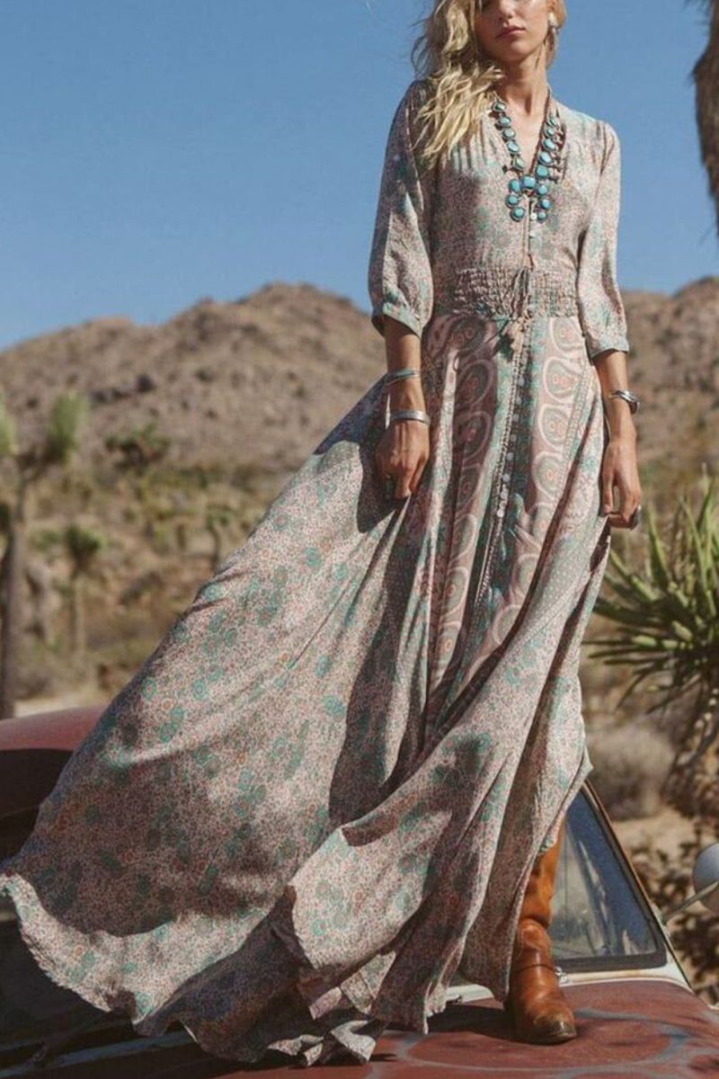 Green Boho Style Floral Chiffon Maxi Dress