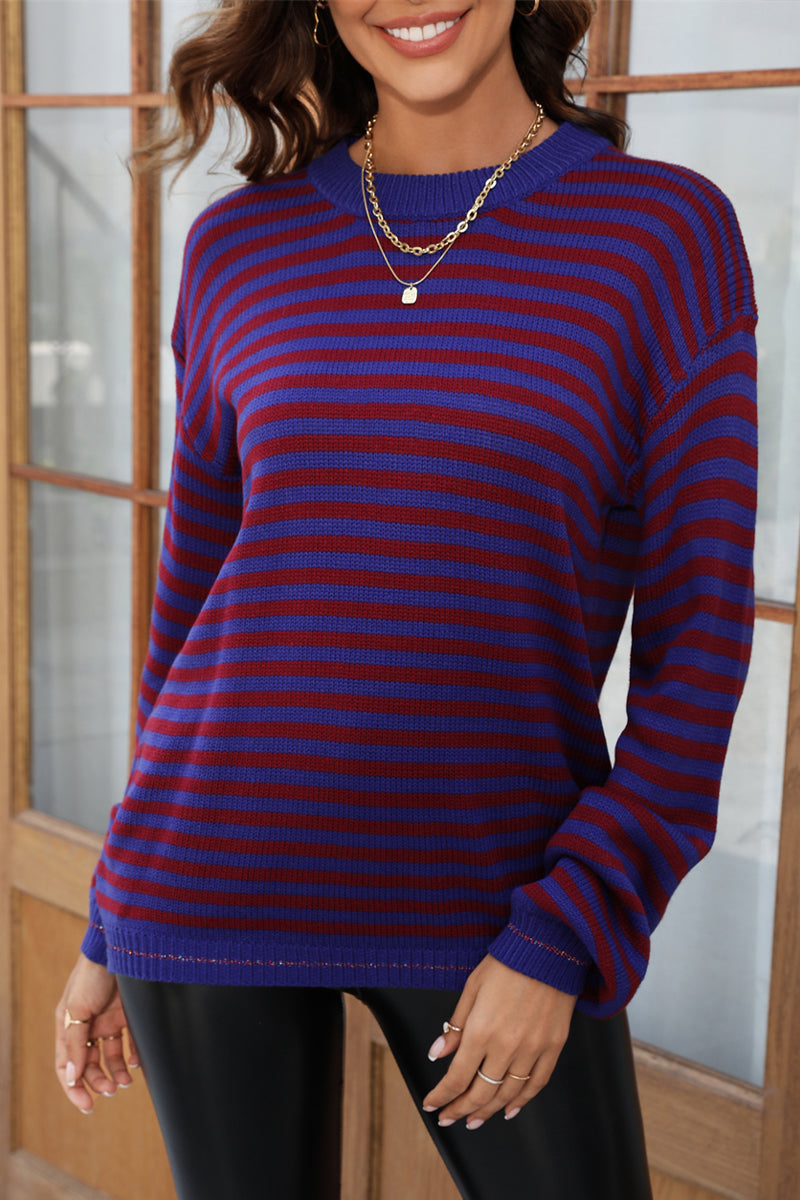 Striped Color Contrast Round Neck Pullover Sweater