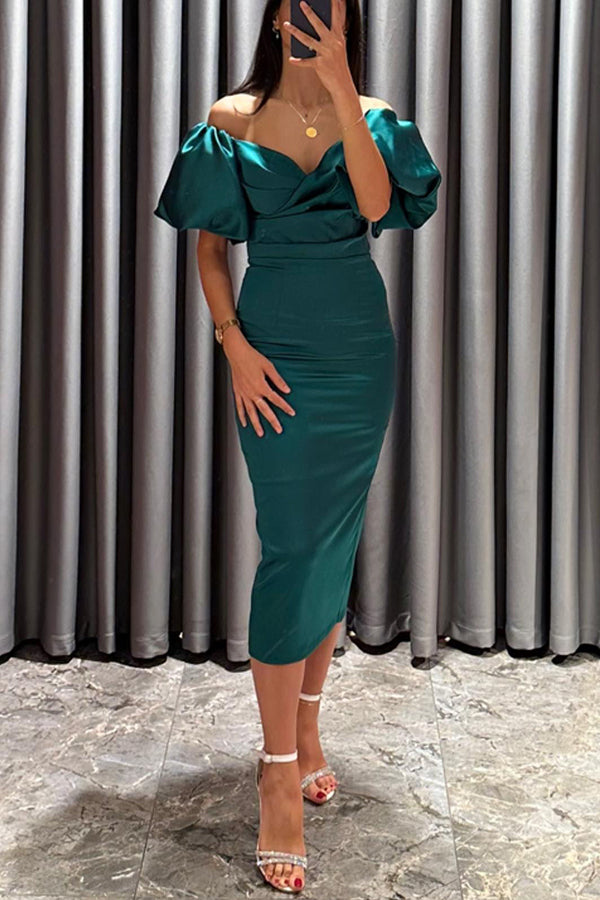 Talk Sweetly Satin Puff Sleeve Ruched Bust Formal Midi Dress - Fashionpara