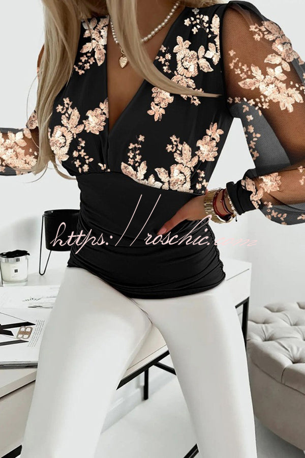 V Neck Floral Embroidered Sheer Mesh Shirt