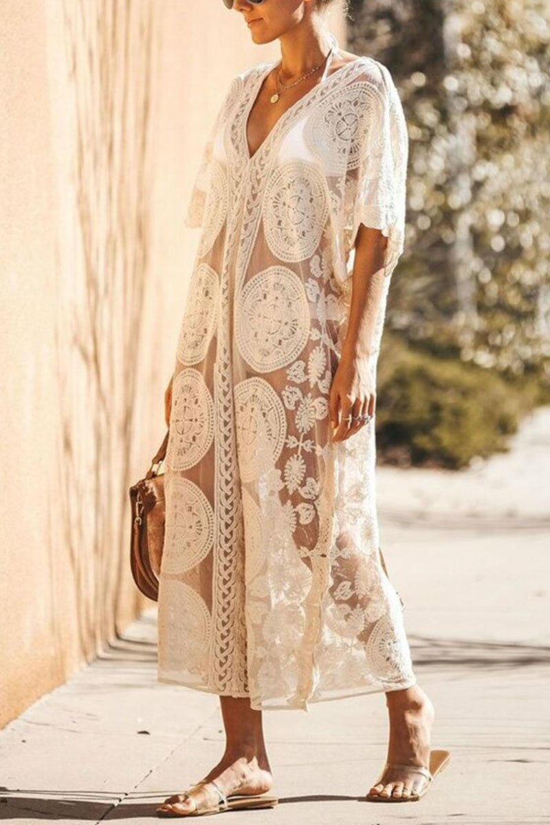 Scalloped Edge Sheer Lace Crochet Maxi Kaftan Boho Cover Up