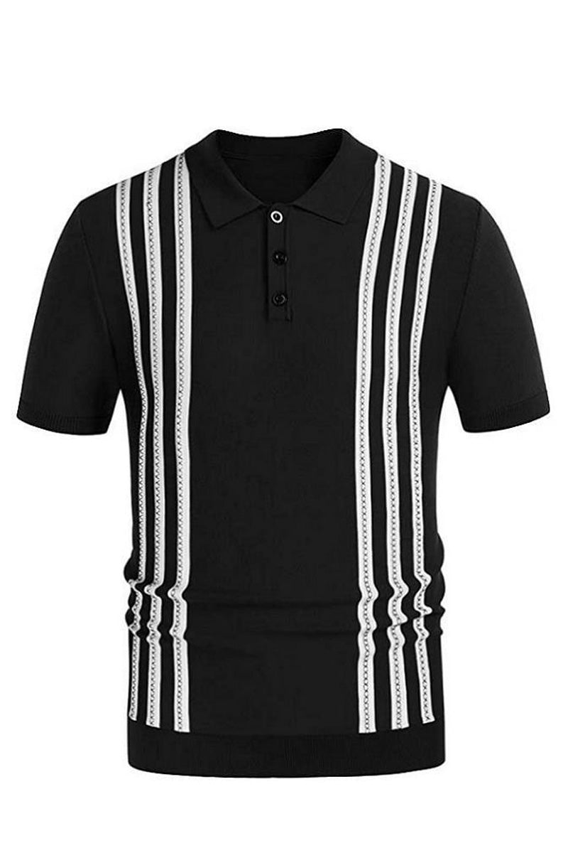 Men's Black Striped Knit Polo Shirt