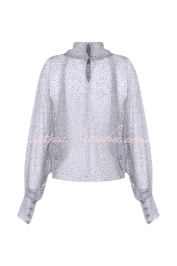 Wear Tool Glitter Decoration Mesh High Neck Lantern Sleeve Blouse