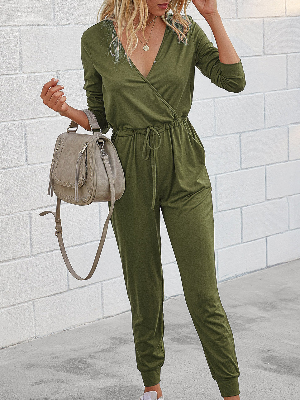 Deep V-Neck Long Sleeve Slim Fit Jumpsuit - Fashionpara