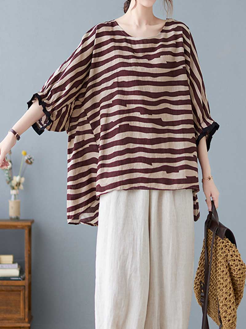 Printed Stripes Style Round-Neck Top