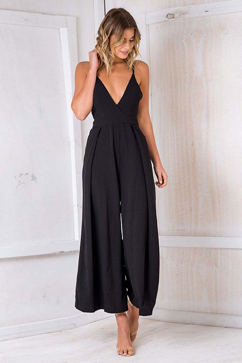 Bowknot-back Wide-leg V-neck Jumpsuit - 3 Colors