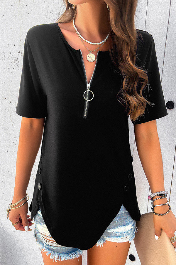 Plain Short Sleeved Zippered Slit Button T-Shirt