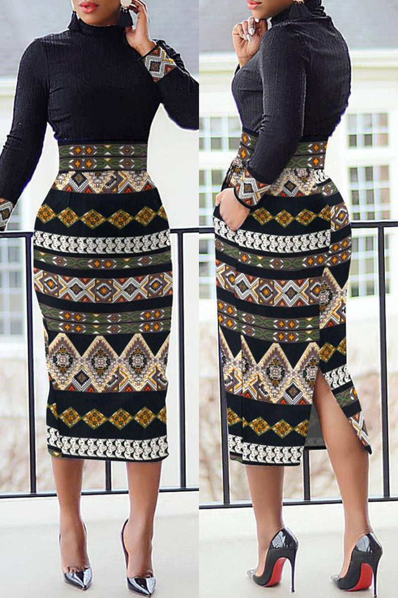 Casual Print Patchwork Slit Turtleneck Long Sleeve Dresses