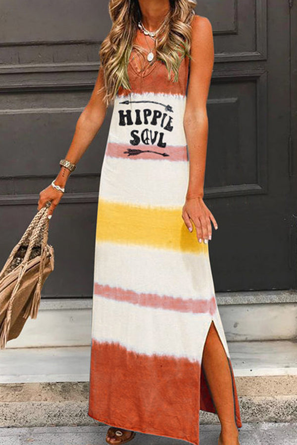 V-neck Letter Print Slit Tank Maxi Dress - Mislish