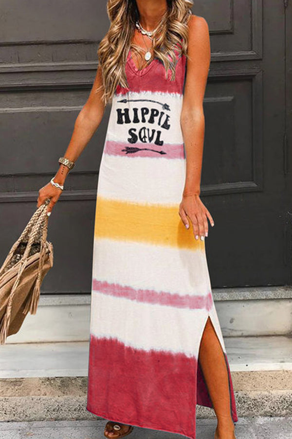 V-neck Letter Print Slit Tank Maxi Dress - Mislish