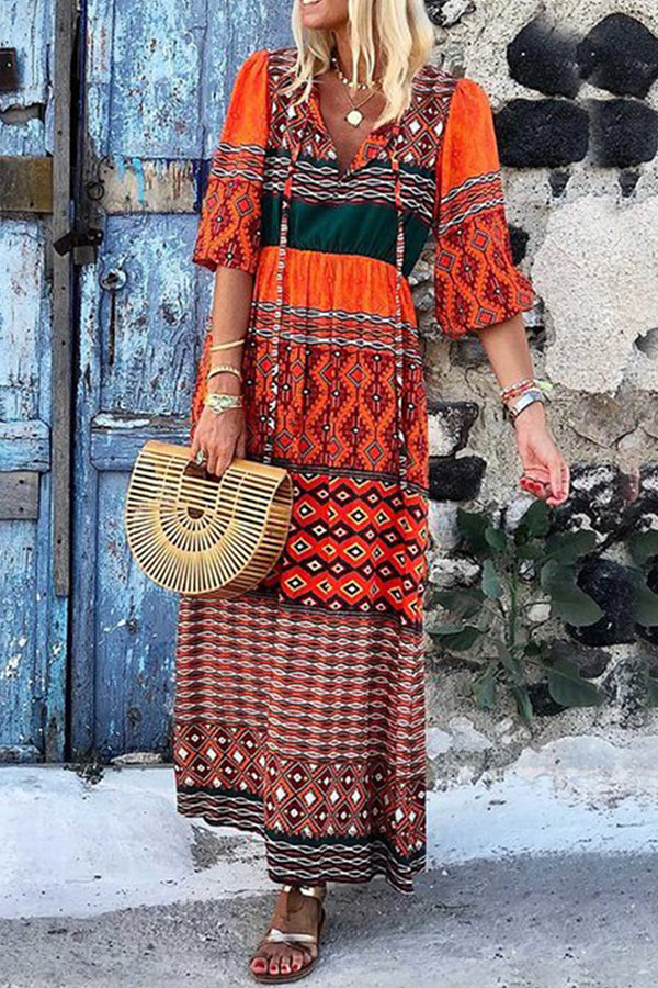 V-neck Printed Bohemian Dress - Mislish