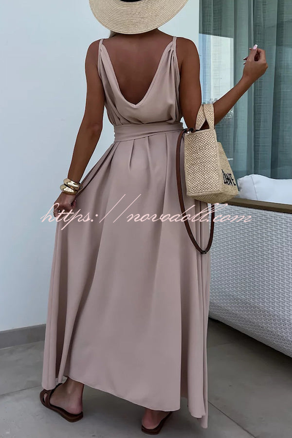 Long Story Solid Color Belted Pocket A-line Breathable Maxi Dress - Fashionpara