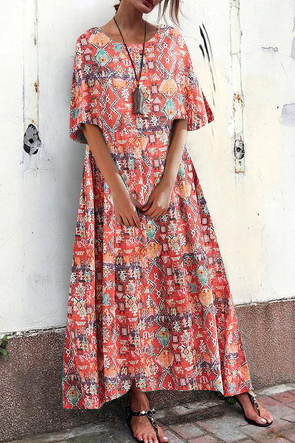 Boho Print Round Neck Maxi Dress - Mislish