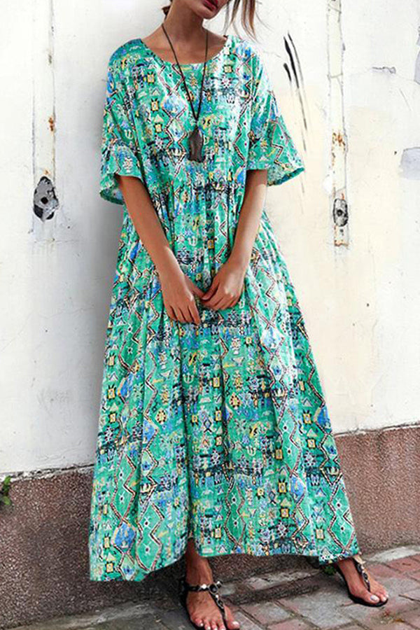 Boho Print Round Neck Maxi Dress - Mislish