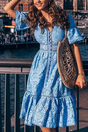 Ruffled V-neck Button Up Lace Dress