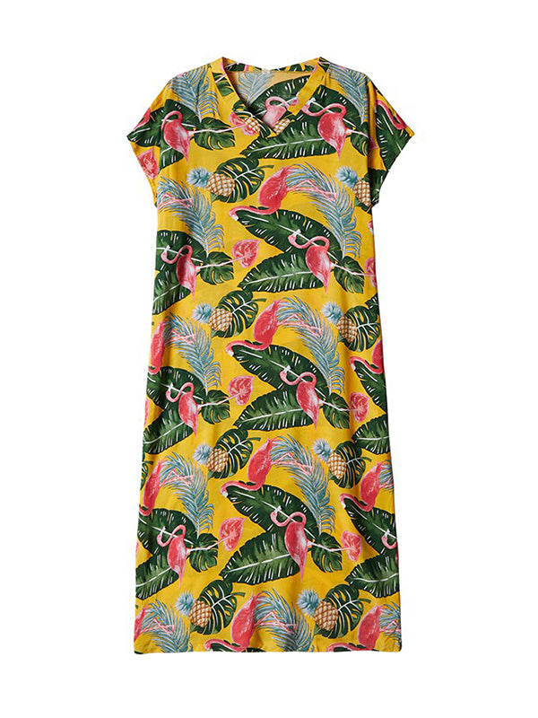 Palm Leaves & Flamingo Plus Size Kaftan Dress - Fashionpara