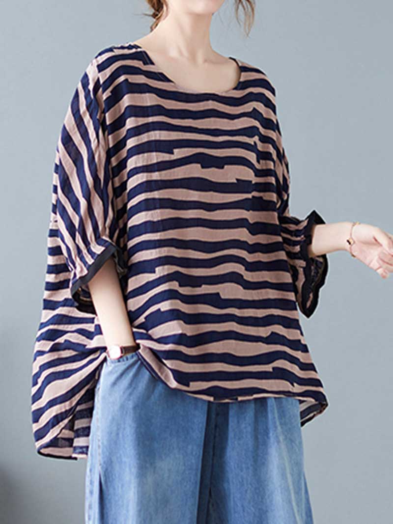 Printed Stripes Style Round-Neck Top