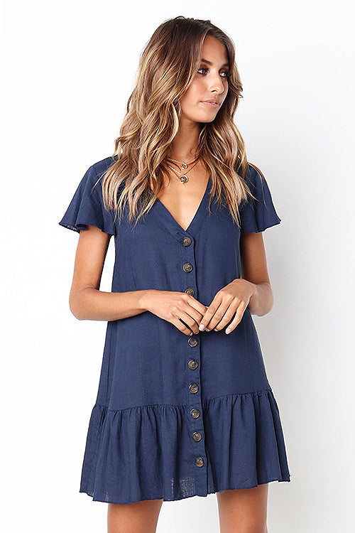 Button-up V-neck Ruffle Mini Dress - 4 Colors