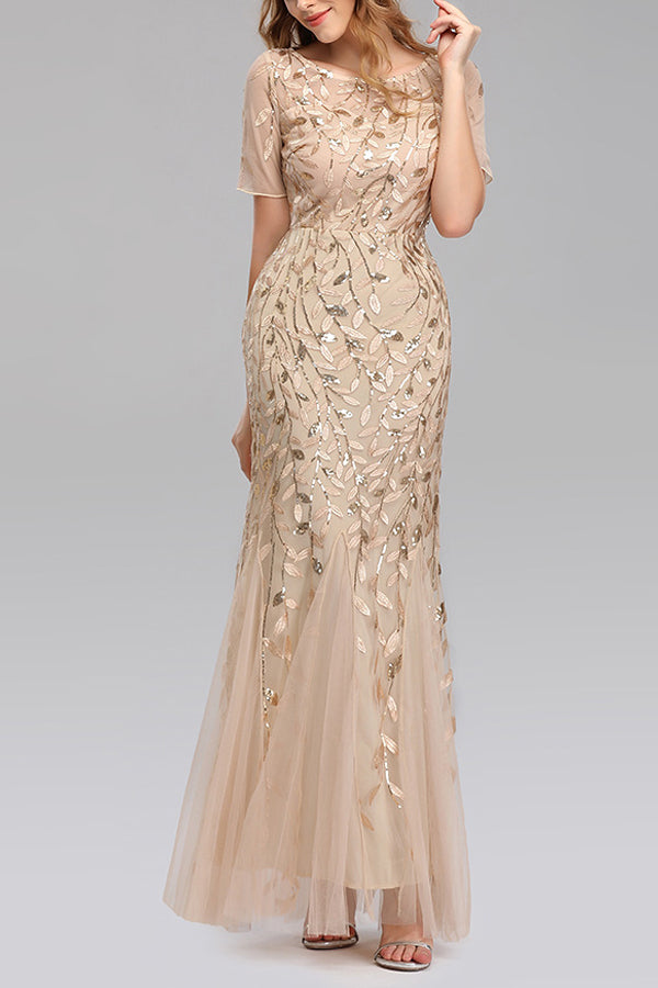 Mermaid Short Sleeves champagne Prom Dress