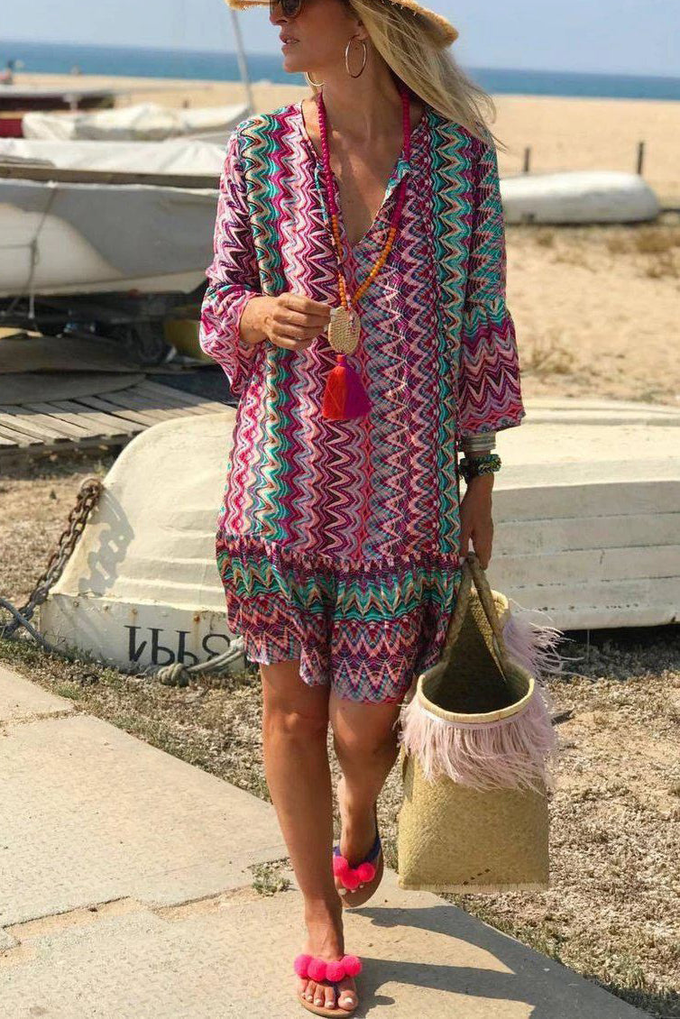 3/4 Sleeves V-Neck Print Boho Dress