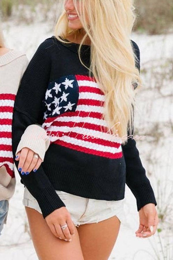 Independence Day Patchwork Long Sleeved Crew Neck Knitted Sweater